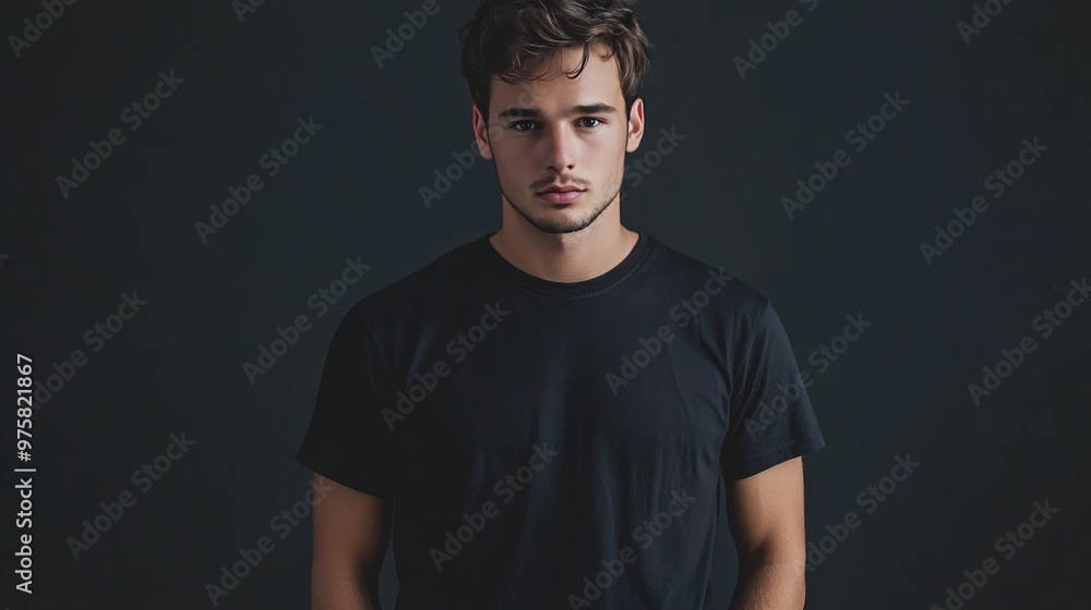 Young man in a blank black T-shirt, offering an ideal canvas for branding, logos, or text, with plenty of space for customization. Young man in a blank black T-shirt, offering an ideal canvas for branding, logos, or text, with plenty of space for customization.