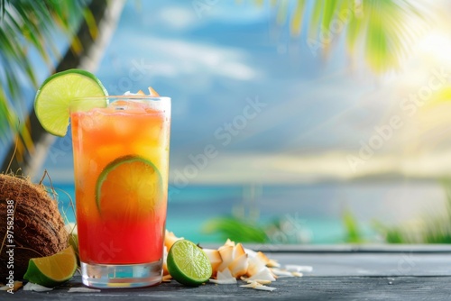 Coconut rum Tequila Sunrise with coconut rum and lime, served in a tall glass, tropical island background photo