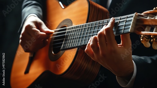 Close-up of a man's hands playing an acoustic guitar.