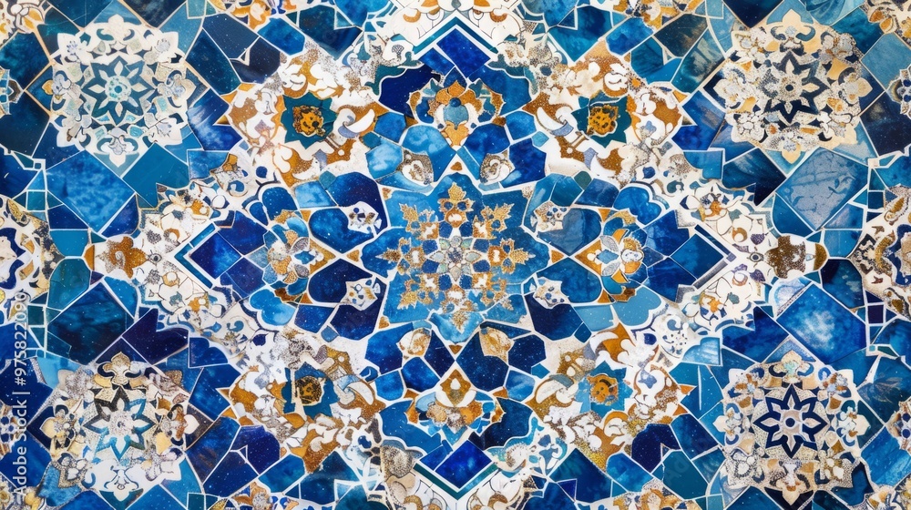 Traditional Persian mosaic wall with geometric ornaments in square frame with colorful ceramic tiles generative ai Traditional Persian mosaic wall with geometric ornaments in square frame with colorful ceramic tiles generative ai