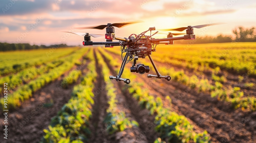 Drone hovering above a field, conducting soil analysis using sensors, completely unmanned. Drone hovering above a field, conducting soil analysis using sensors, completely unmanned.