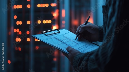 Person checking technical systems in a server room with clipboard.