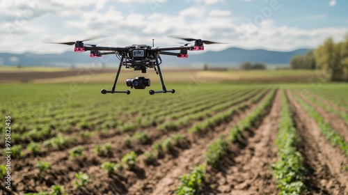 Drone hovering above a field, conducting soil analysis using sensors, completely unmanned. photo