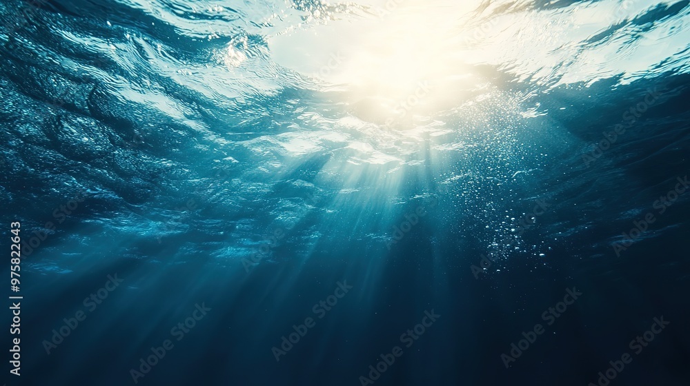 Fototapeta premium Sunlight waves at Blue ocean surface from underwater background, Generative Ai 