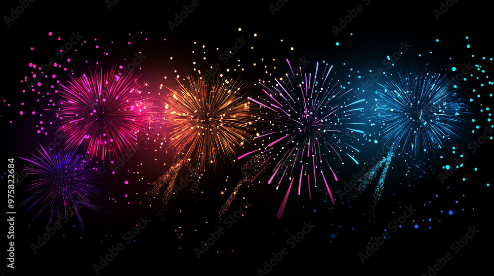 Fototapeta premium “Colorful fireworks illuminating the dark sky background, creating a vibrant and celebratory display of lights and bursts.”