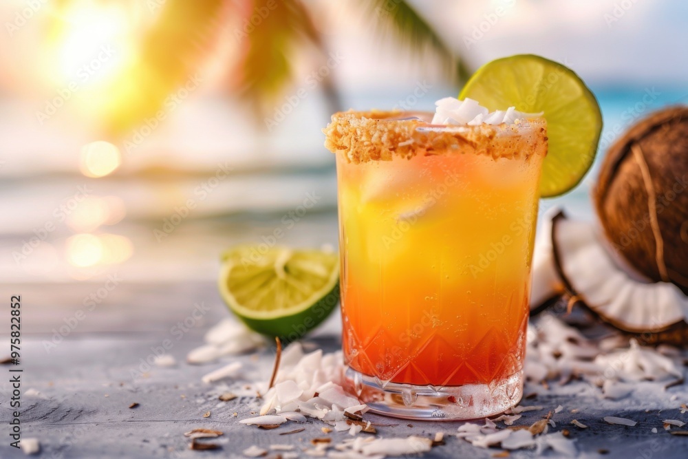 Fototapeta premium Refreshing Layered Coconut Margarita with Lime for a Vibrant and Exotic Tropical Drink Experience
