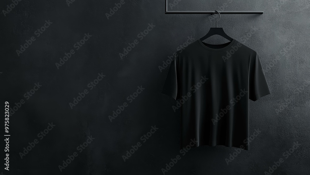 Black t-shirt hanging on black hanger against black wall. Black t-shirt hanging on black hanger against black wall.