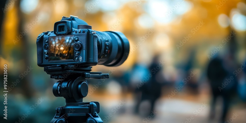 A camera on a tripod facing blurry background. A camera on a tripod facing blurry background.