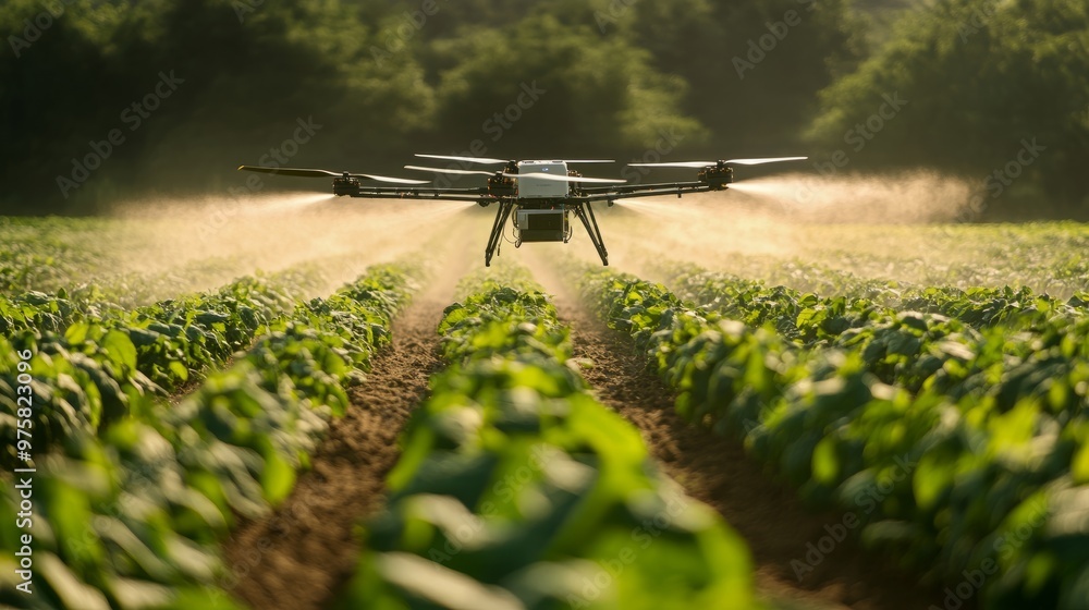 Drone in action spraying fertilizer over rows of crops, optimizing plant growth and health. Drone in action spraying fertilizer over rows of crops, optimizing plant growth and health.