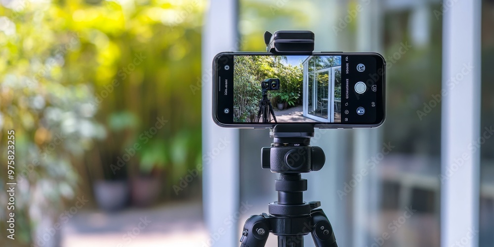 A smartphone mounted on a tripod, capturing a scene. A smartphone mounted on a tripod, capturing a scene.