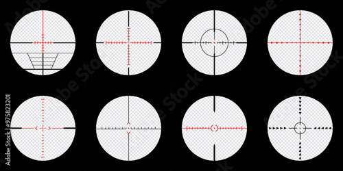 set of realistic sniper scope crosshairs view. sniper sight with measurement marks. sniper scope template isolated on transparent background. rifle optical sight.