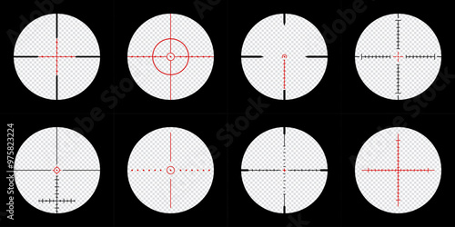 set of realistic sniper scope crosshairs view. sniper sight with measurement marks. sniper scope template isolated on transparent background. rifle optical sight.