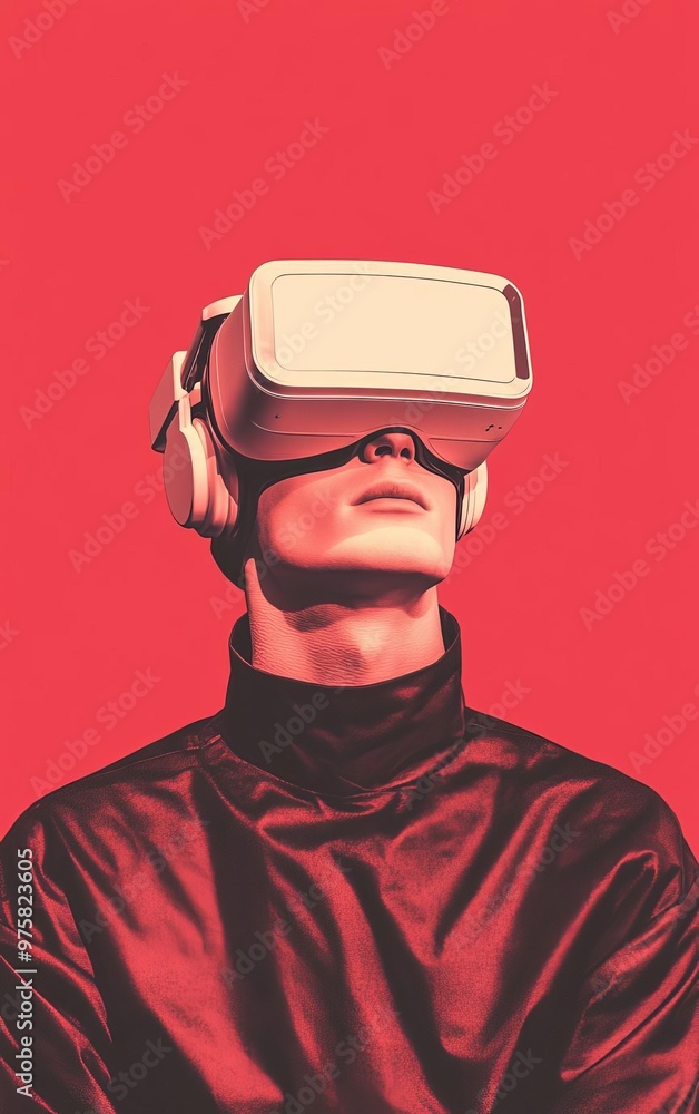A person wearing virtual reality goggles against a vibrant red background, exploring immersive digital experiences. A person wearing virtual reality goggles against a vibrant red background, exploring immersive digital experiences.