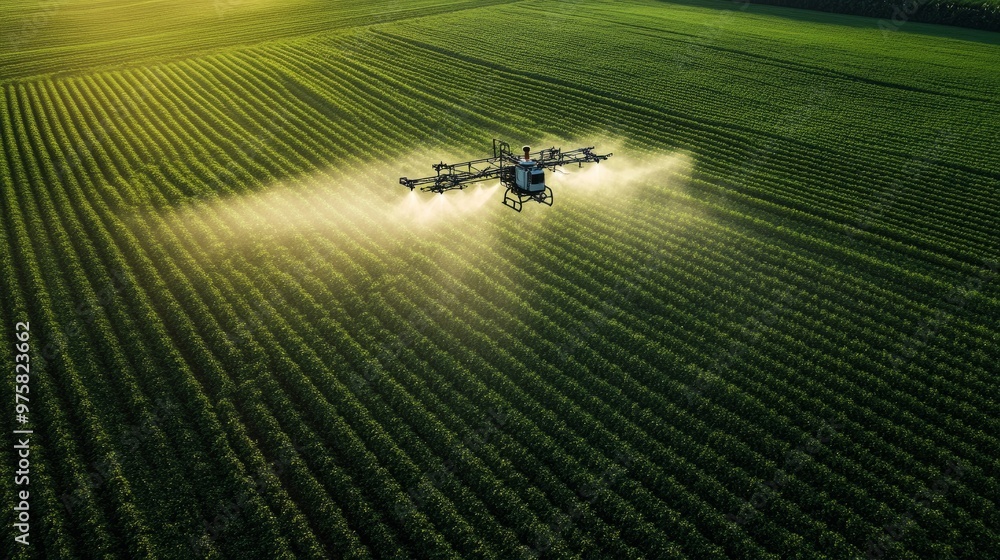 Drone spraying a remote section of a large farm with fertilizer, its flight path pre-programmed. Drone spraying a remote section of a large farm with fertilizer, its flight path pre-programmed.