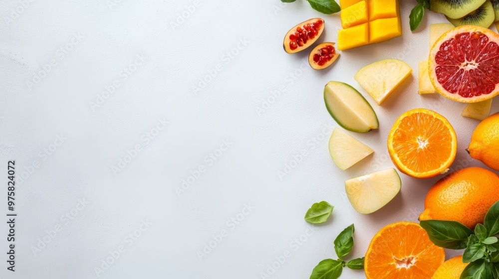 A vibrant arrangement of assorted fruits including oranges, mangoes, and grapefruits, surrounded by green leaves on a light background. A vibrant arrangement of assorted fruits including oranges, mangoes, and grapefruits, surrounded by green leaves on a light background.