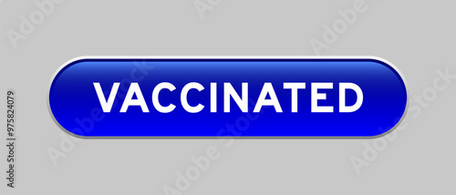 Blue color capsule shape button with word vaccinated on gray background