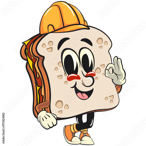 sandwich bread cartoon character mascot retro vector design wear a construction worker's helmet, work of hand drawn