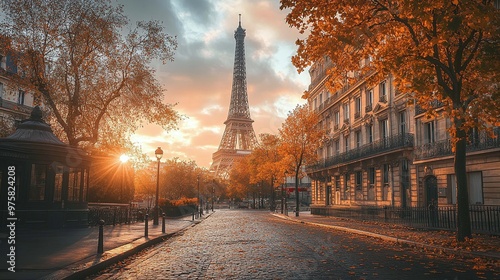 quiet street view in paris with the eiffel tower in the background, embodying the picturesque and romantic ambiance of the city, a perfect travel destination for iconic sightseeing photo