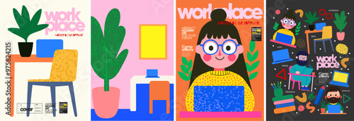 Work in office and home on computer and laptop. Vector minimalistic modern abstract illustration of freelance designer, people, woman at workplace at table, icon for poster, brochure, cover