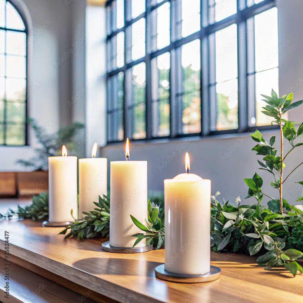 Minimalist church setting with white candles and greenery, daylight streaming through windows Minimalist church setting with white candles and greenery, daylight streaming through windows