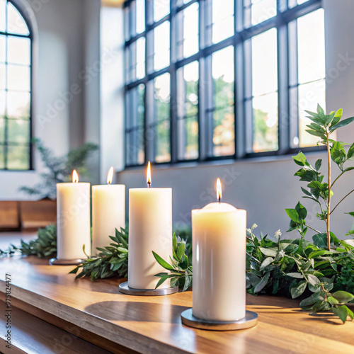 Minimalist church setting with white candles and greenery, daylight streaming through windows 