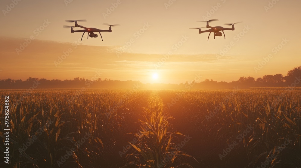 Drones flying at sunrise over a field of corn, gathering real-time data on growth patterns Drones flying at sunrise over a field of corn, gathering real-time data on growth patterns