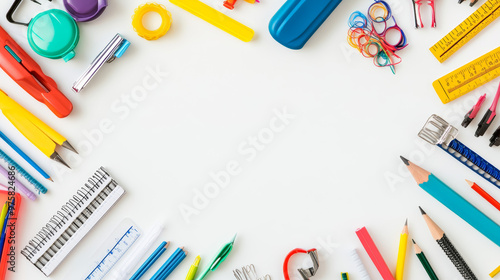 “School supplies arranged on a white background in a flatlay style. Includes ample copy space, creating a symbolic image for education or back-to-school themes.”