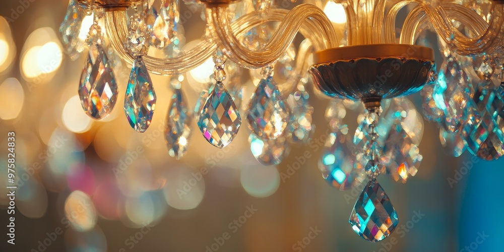 Crystal chandelier with iridescent prisms. Crystal chandelier with iridescent prisms.