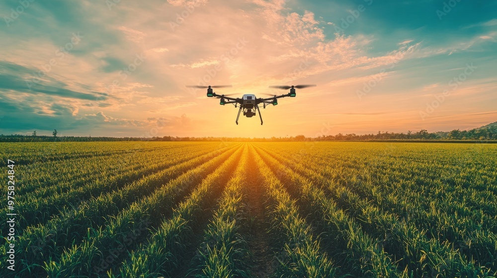 High-tech agricultural drone mapping fields autonomously under a bright sky, without human intervention. High-tech agricultural drone mapping fields autonomously under a bright sky, without human intervention.
