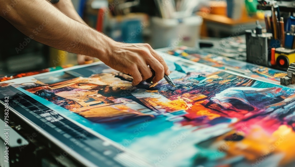 Hand using a tool on a colorful abstract painting. Hand using a tool on a colorful abstract painting.