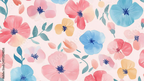 “Sweet floral watercolor seamless pattern in soft pastel colors, perfect for beauty products or other uses. Delicate and elegant, ideal for creating a gentle and feminine aesthetic.”