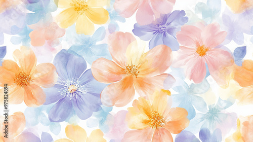 “Sweet floral watercolor seamless pattern in soft pastel colors, perfect for beauty products or other uses. Delicate and elegant, ideal for creating a gentle and feminine aesthetic.”