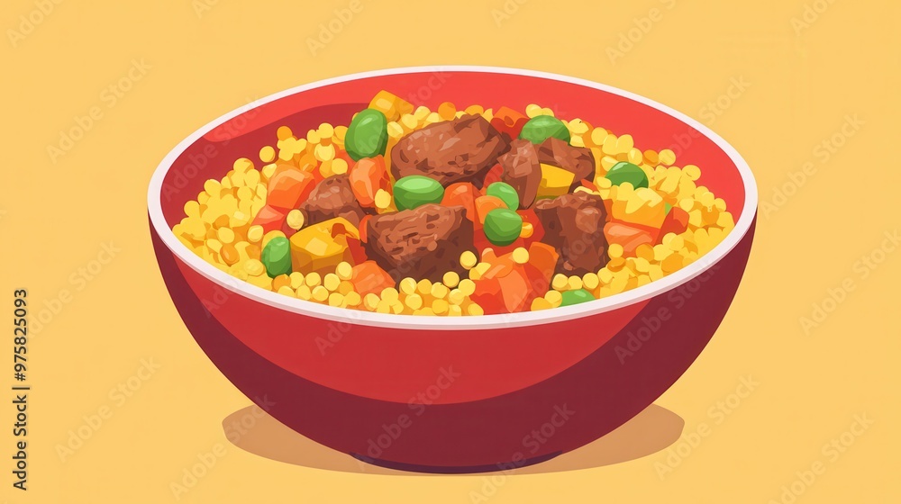 A Bowl of Colorful and Delicious Couscous with Beef and Vegetables A Bowl of Colorful and Delicious Couscous with Beef and Vegetables