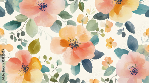 “Sweet floral watercolor seamless pattern in soft pastel colors, perfect for beauty products or other uses. Delicate and elegant, ideal for creating a gentle and feminine aesthetic.”