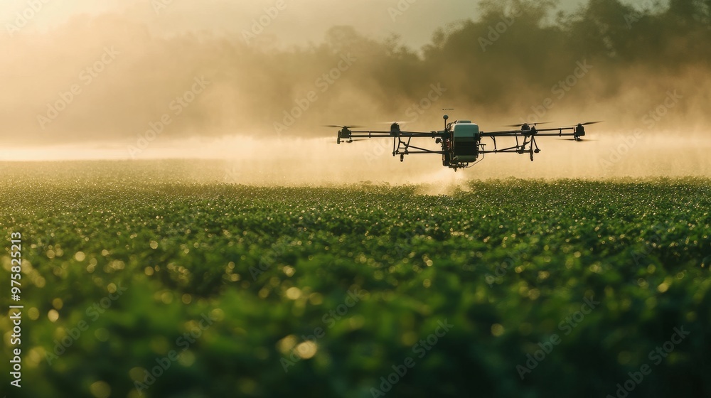 High-tech drone spraying fertilizer over a field of crops, with mist drifting through the air. High-tech drone spraying fertilizer over a field of crops, with mist drifting through the air.