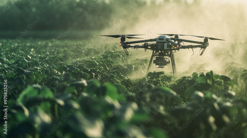 High-tech drone spraying fertilizer over a field of crops, with mist drifting through the air. High-tech drone spraying fertilizer over a field of crops, with mist drifting through the air.