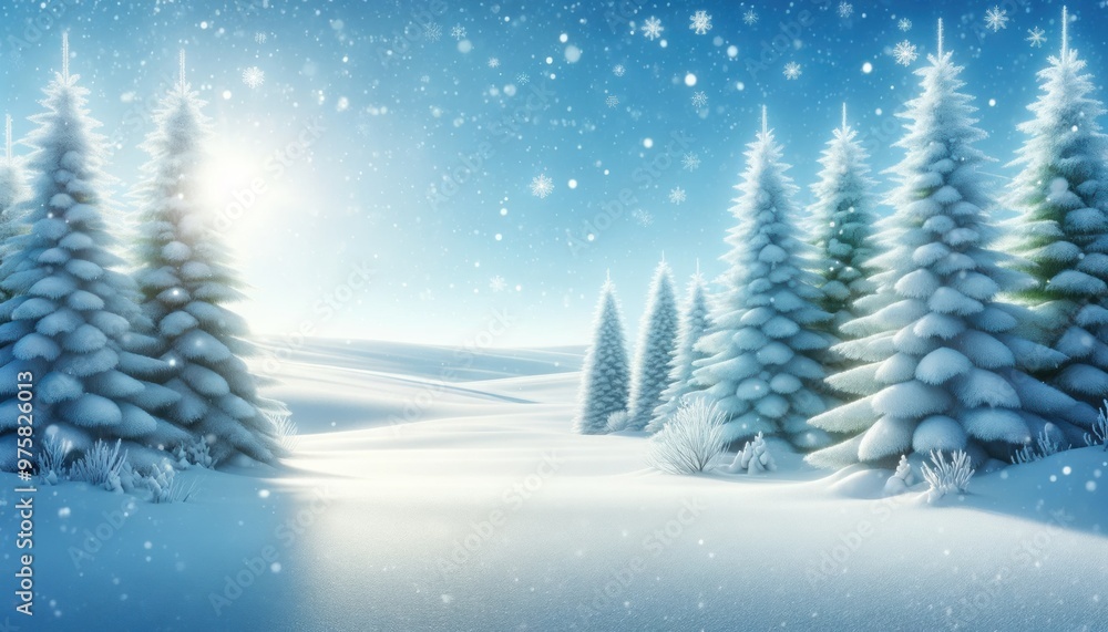 Fototapeta premium A photorealistic image of a tranquil snow-covered winter landscape with tall pine trees