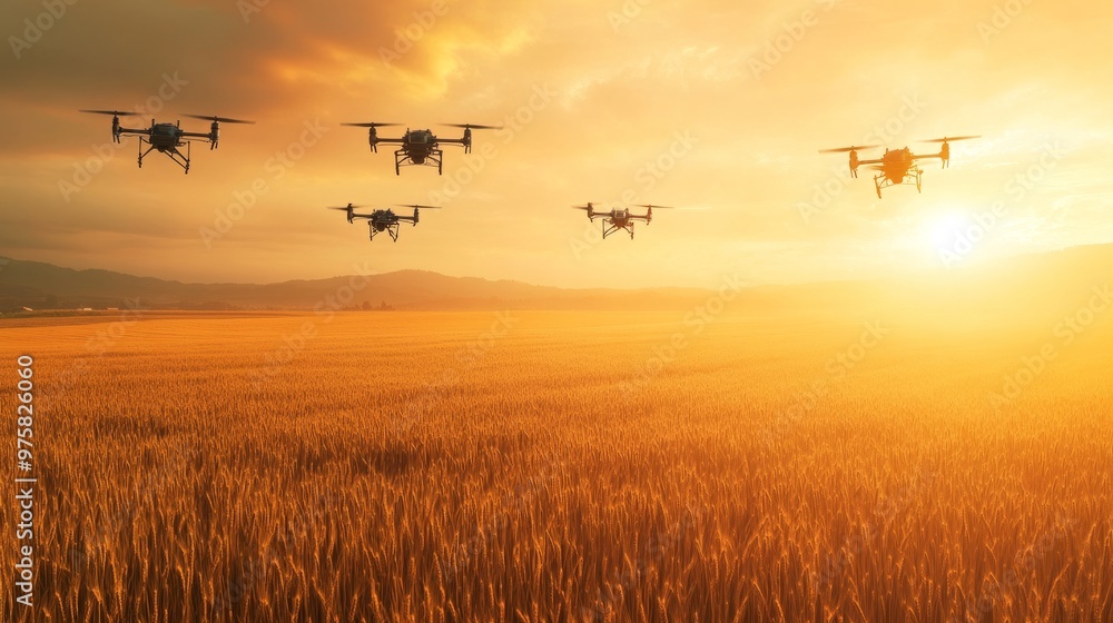 Multiple drones flying in synchronization over a large wheat field, performing automated tasks. Multiple drones flying in synchronization over a large wheat field, performing automated tasks.