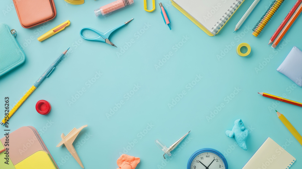 “Top view of a well-organized drawing station with vibrant stationery, including a pencil case, pens, sketchbook, plasticine, stapler, scissors, plane-shaped sharpener, and a clock on a soft blue back “Top view of a well-organized drawing station with vibrant stationery, including a pencil case, pens, sketchbook, plasticine, stapler, scissors, plane-shaped sharpener, and a clock on a soft blue back