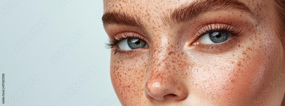 A close-up of a woman's face adorned with freckles A close-up of a woman's face adorned with freckles