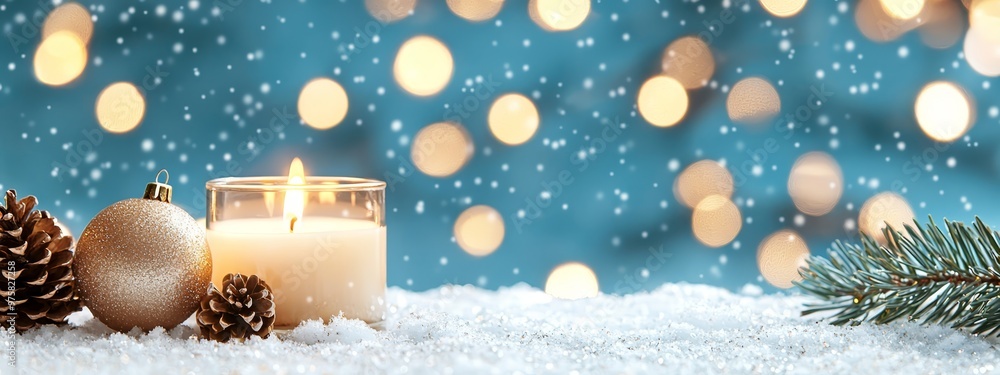 A candle and a pine cone sits next to each other on a snow-covered ground Christmas lights adorn the background A candle and a pine cone sits next to each other on a snow-covered ground Christmas lights adorn the background