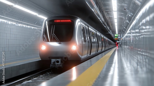 subway train's arrival at a metro station platform, set in the heart of a city tunnel, demonstrating urban transit efficiency and the movement of daily commuters photo