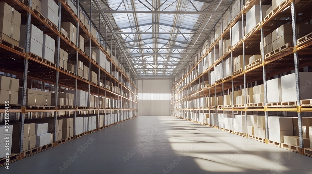 A large warehouse with rows of shelves filled with boxes. The warehouse is well lit with natural light. A large warehouse with rows of shelves filled with boxes. The warehouse is well lit with natural light.