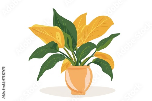 Illustration of plants in a pot, flat design, white background, vector art, pastel colors, tropical leaves, simple shapes, cute style, cute plant vase, clipart photo