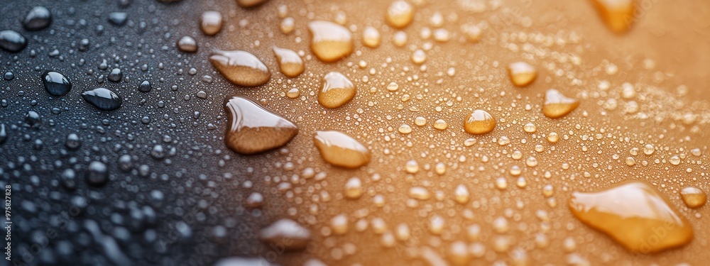 tiny white specks dot the brown texture..Black surface: water droplets gleam on inky blackness..Brown surface: tiny white specks dot the brown texture..Black surface: water droplets gleam on inky blackness..Brown surface: