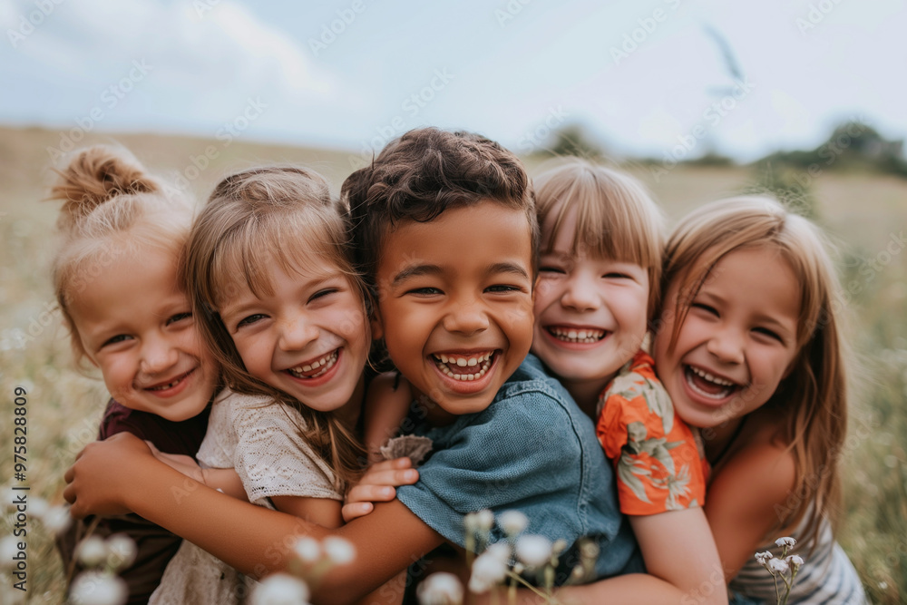 Group of happy adorable diverse children having fun while playing on outdoors together. Kid concept Group of happy adorable diverse children having fun while playing on outdoors together. Kid concept
