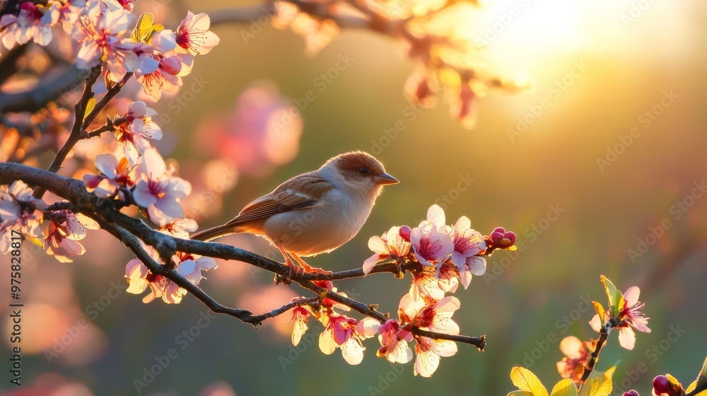 Fototapeta premium A small bird sits on a blooming tree branch, sun illuminating leaves and flowers through its spread