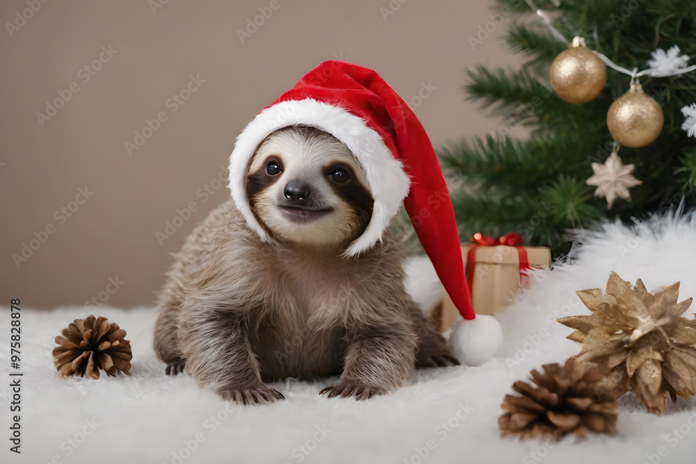 Cute sloth in santa hat on new year background Cute sloth in santa hat on new year background