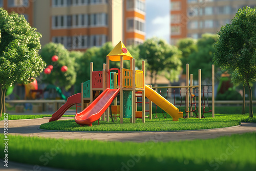 3d cartoon of children's outdoor playground, play area in backyard green grass field in the city