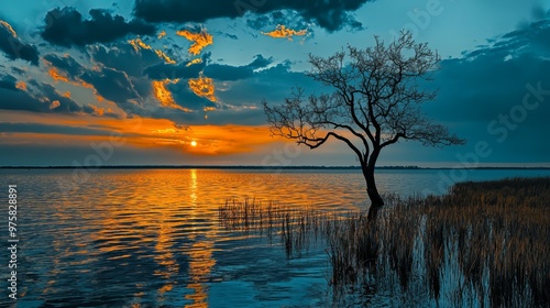  A solitary tree submerged in a body of water, reflected sunlight from a sunset, and clouds scattering across the sky